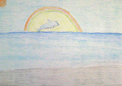 虹の下で泳ぐイルカ