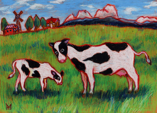 草原にたたずむ牛の親子